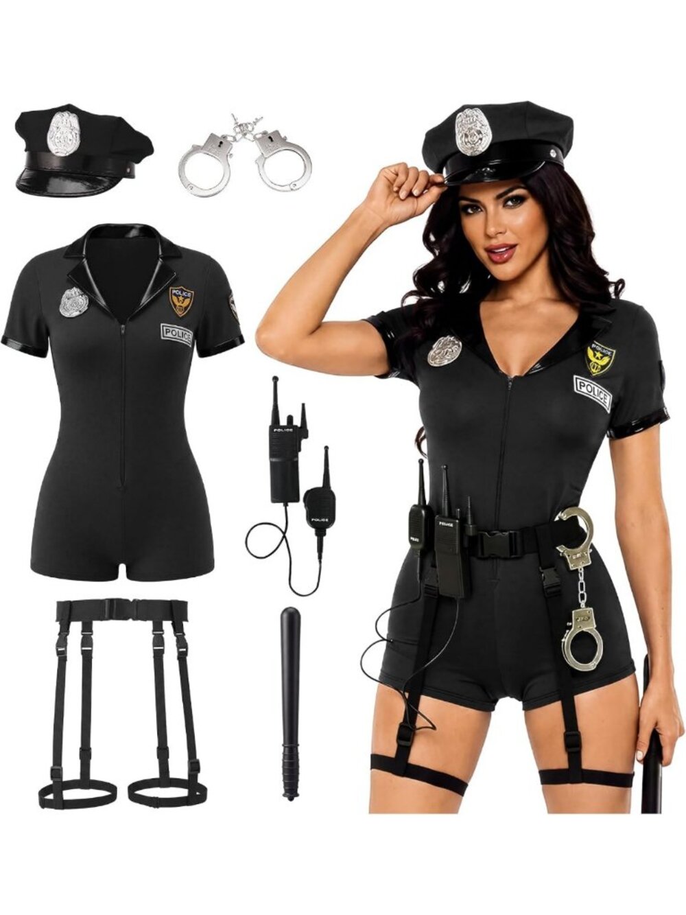 6-Piece Women's Police Costume for Halloween, Adult Cop Outfit for Cosplay